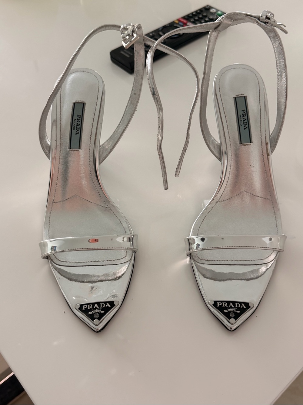 Prada Silver Pointed Toe Ankle Strap Heels